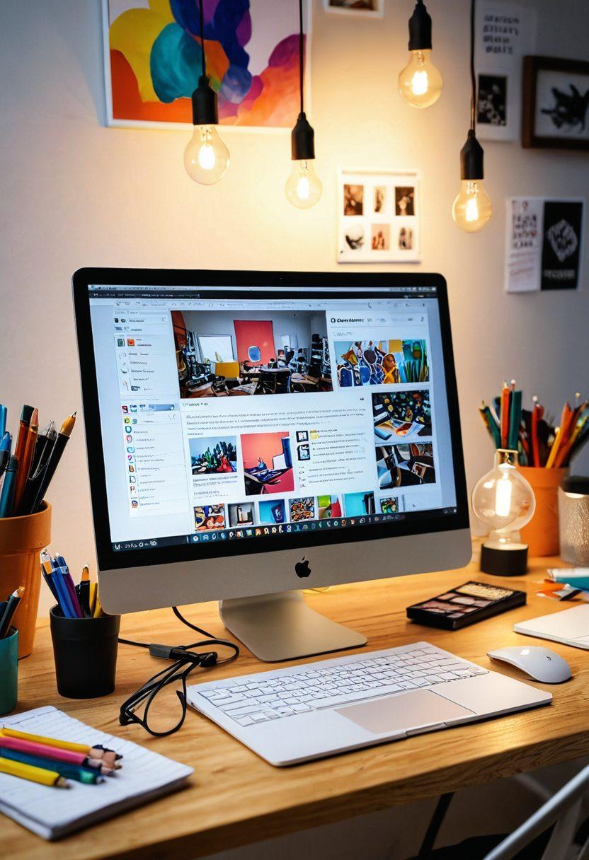 A dynamic workspace filled with vibrant art supplies and tools, showcasing an open laptop with a blogging interface on the screen. Surround the scene with floating light bulbs symbolizing ideas and creativity, and a diverse group of people collaborating enthusiastically. Use bright colors to evoke inspiration and energy, with a slightly blurred background to emphasize focus on the creative process. super-realistic. vibrant colors. 3D.