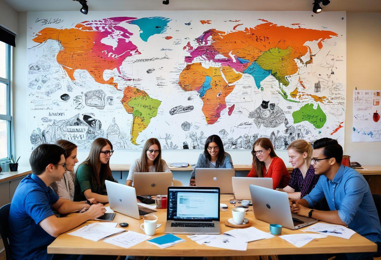 A vibrant, dynamic scene depicting a diverse group of bloggers collaborating at a large table, surrounded by laptops, notes, and coffee cups. Illustrate elements of content creation like sketches, social media icons, and graphs in the background. Include a world map to symbolize global promotion efforts, and ensure a bright, inviting atmosphere to convey community and creativity. bright colors. modern illustration.